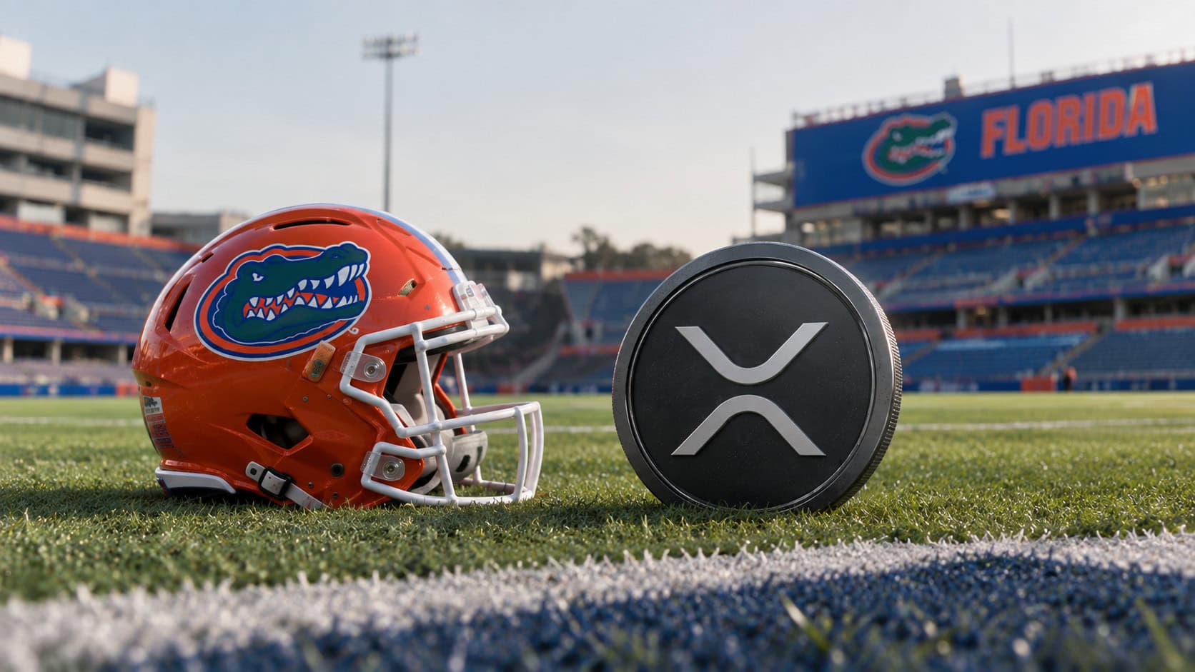 Football Helm und XRP-Münze, die die neue Partnerschaft von Ripple und Florida Athletics symbolisiert.