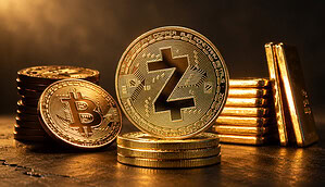 Ein Stapel Bitcoin- und Zcash-Münzen neben einem Stapel Gold-Barren