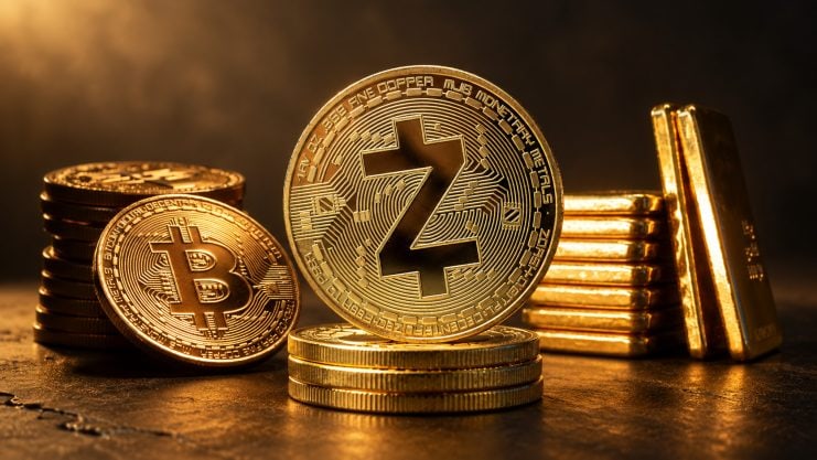 Ein Stapel Bitcoin- und Zcash-Münzen neben einem Stapel Gold-Barren