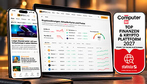 Das Bild zeigt ein Handy mit der BTC-ECHO App und einen Bildschirm mit den Kursseiten von BTC-ECHO, sowie ein Gütesiegel von Computer BILD.
