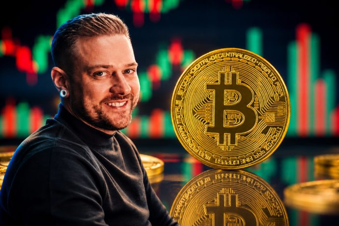 Krypto-Trading-Experte Florian Sondershausen vor einer goldenen Bitcoin-Münze und einem Kurschart mit roten und grünen Kerzen.