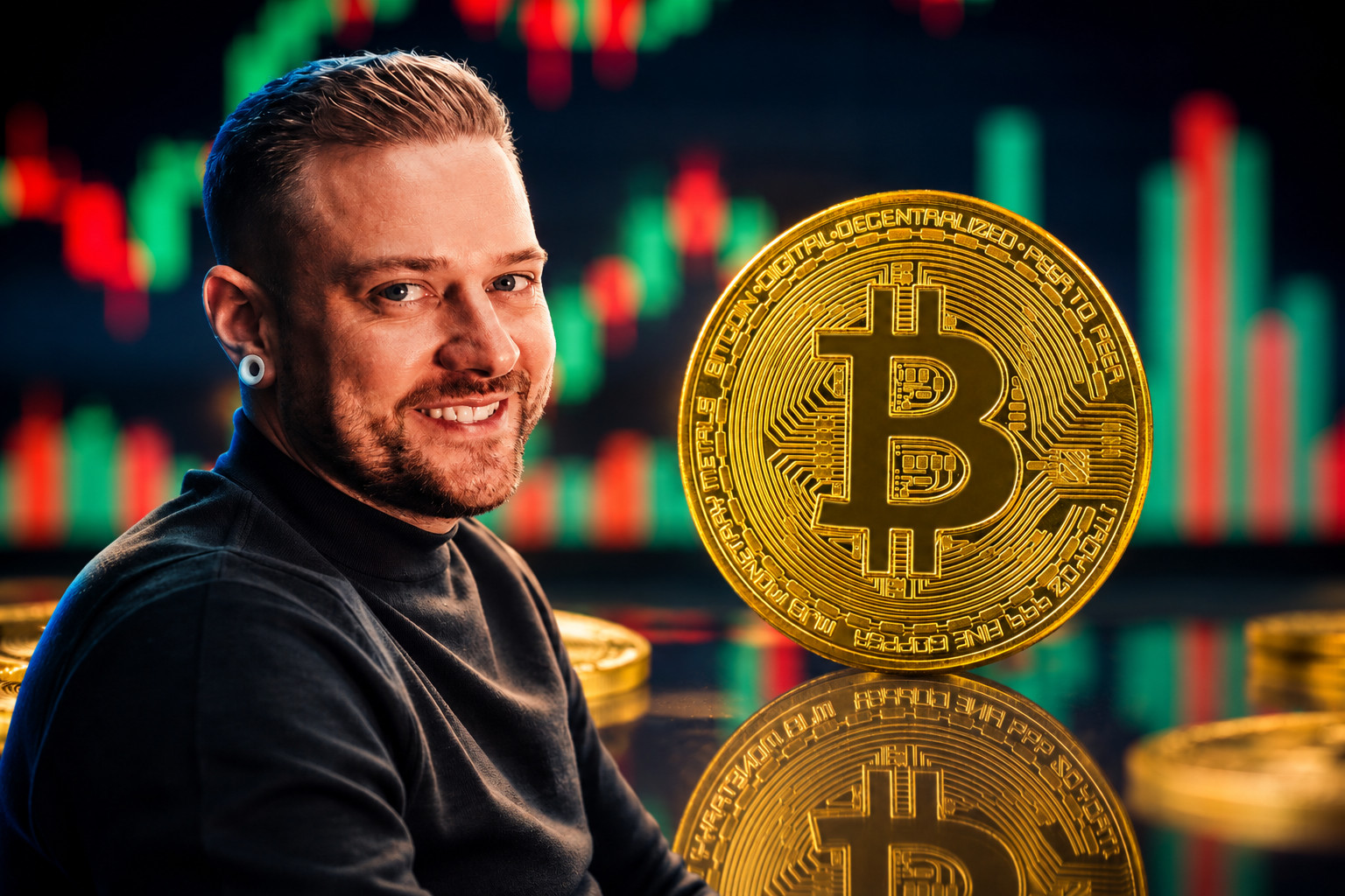 Krypto-Trading-Experte Florian Sondershausen vor einer goldenen Bitcoin-Münze und einem Kurschart mit roten und grünen Kerzen.