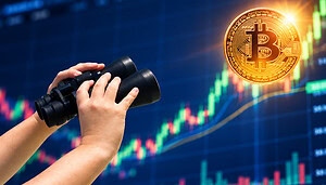 Hände mit Fernglas vor einem steigenden Bitcoin-Kurschart, während eine goldene Bitcoin-Münze im Fokus steht.