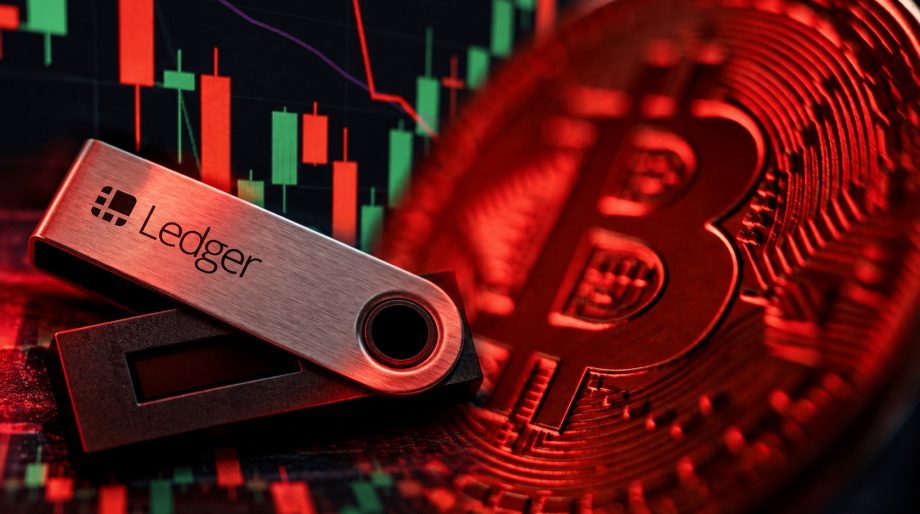 Eine Ledger-Hardware-Wallet vor einer rot beleuchteten Bitcoin-Münze und einem Krypto-Kurschart mit roten und grünen Kerzen. Das Bild symbolisiert Sicherheitsrisiken und mögliche Angriffe auf Ledger-Nutzer.