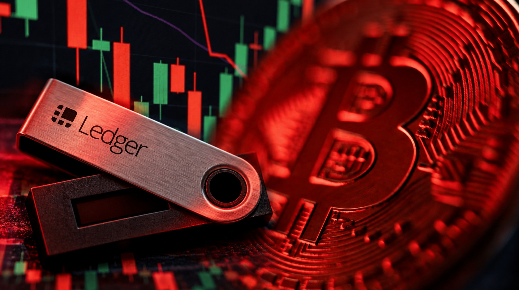 Eine Ledger-Hardware-Wallet vor einer rot beleuchteten Bitcoin-Münze und einem Krypto-Kurschart mit roten und grünen Kerzen. Das Bild symbolisiert Sicherheitsrisiken und mögliche Angriffe auf Ledger-Nutzer.