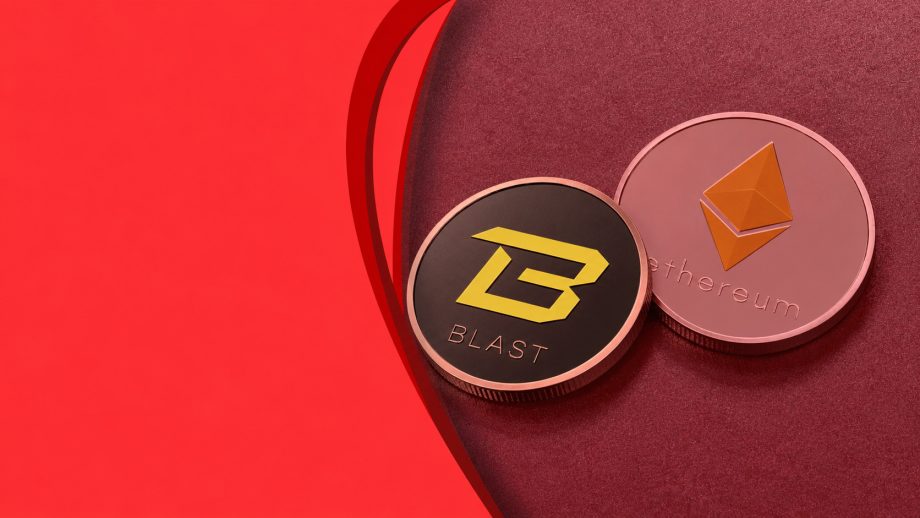 Blast- und Ethereum-Münze vor rotem Hintergrund.