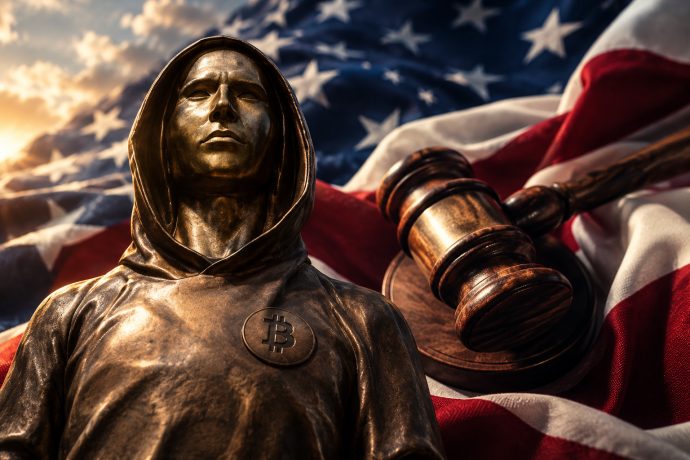 Satoshi Nakamoto vor US-Flagge