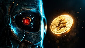 Ein futuristischer Roboter mit rot leuchtendem Auge blickt auf eine frei schwebende, goldene Bitcoin-Münze vor schwarzem Hintergrund. Die Illustration symbolisiert das Verhältnis zwischen künstlicher Intelligenz und Bitcoin.