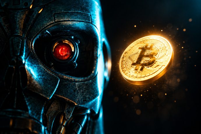 Ein futuristischer Roboter mit rot leuchtendem Auge blickt auf eine frei schwebende, goldene Bitcoin-Münze vor schwarzem Hintergrund. Die Illustration symbolisiert das Verhältnis zwischen künstlicher Intelligenz und Bitcoin.