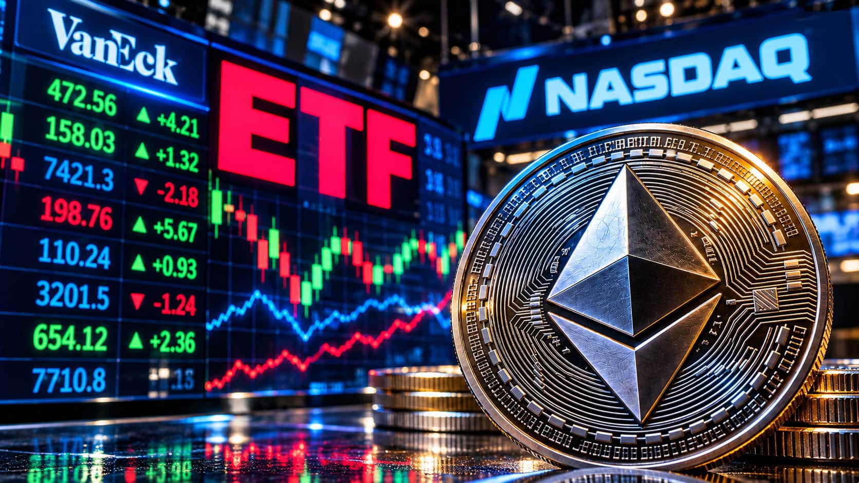 Ethereum-Markt vor leuchtender ETF-Börsenkulisse