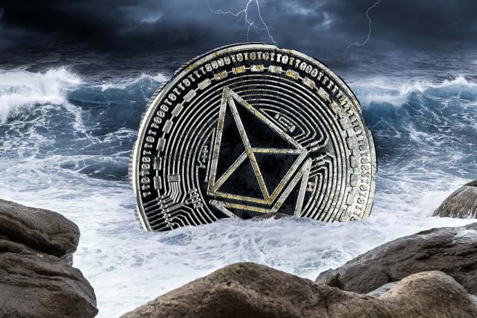Eine Ethereum-Münze schwimmt in stürmischer See