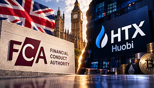 Links die britische Finanzaufsichtsbehörde FCA und rechts die Krypto-Börse HTX ehemals Huobi