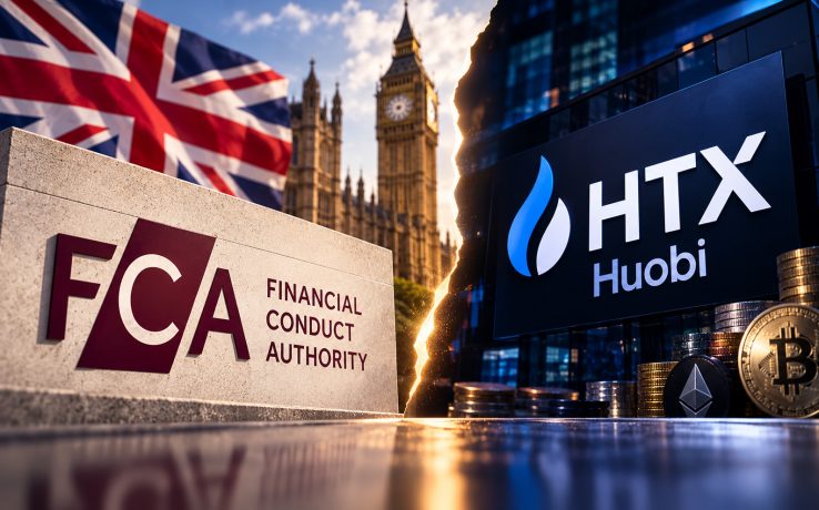 Links die britische Finanzaufsichtsbehörde FCA und rechts die Krypto-Börse HTX ehemals Huobi