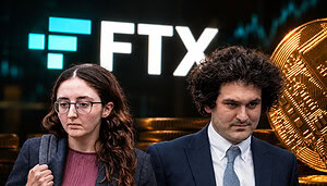 Sam Bankman-Fried und Caroline Ellison vor dem FTX-Logo mit goldenen Kryptowährungen im Hintergrund. Die Fotomontage erinnert an den Zusammenbruch der Kryptobörse FTX und den anschließenden Betrugsskandal.