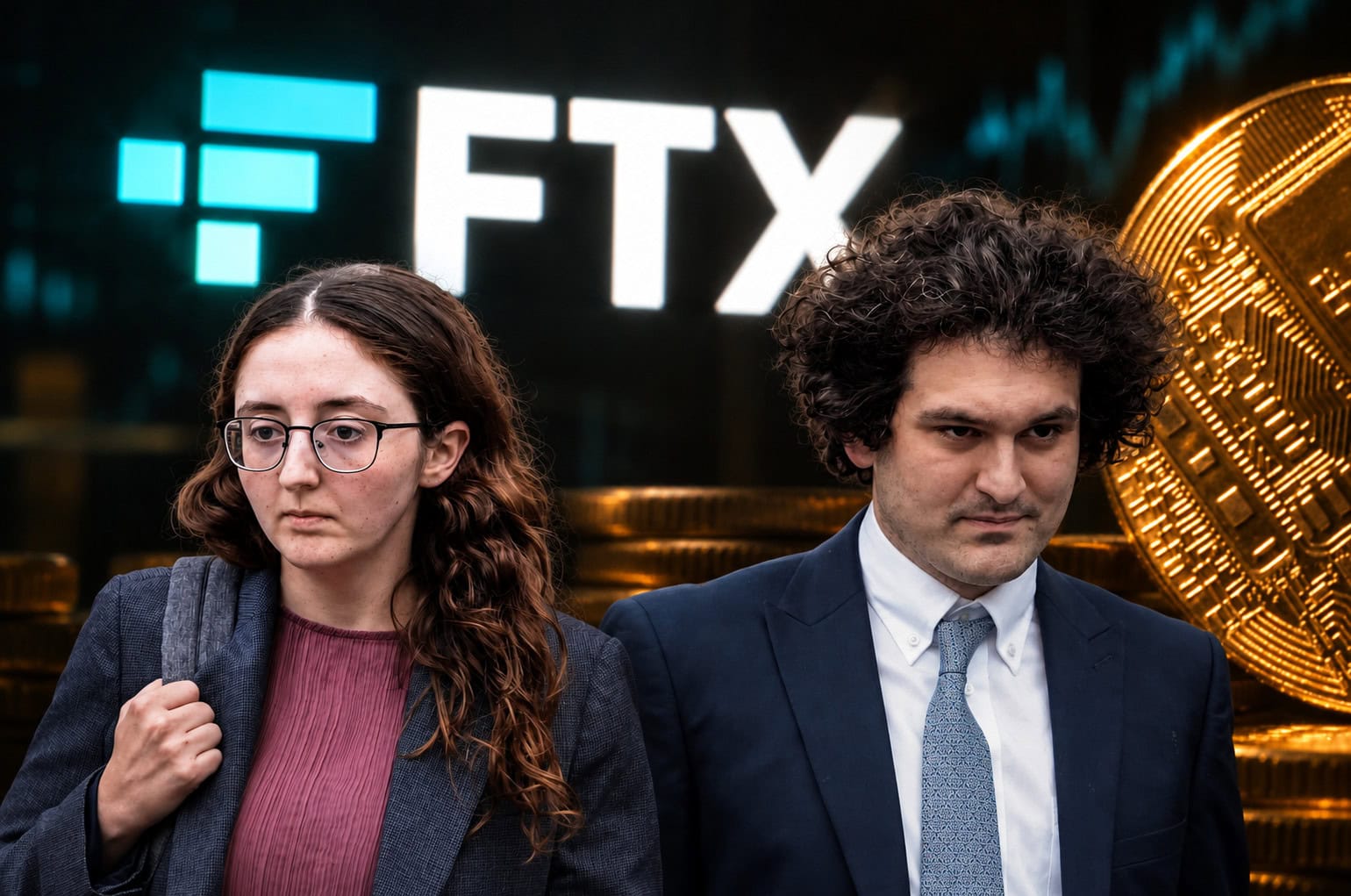 Sam Bankman-Fried und Caroline Ellison vor dem FTX-Logo mit goldenen Kryptowährungen im Hintergrund. Die Fotomontage erinnert an den Zusammenbruch der Kryptobörse FTX und den anschließenden Betrugsskandal.
