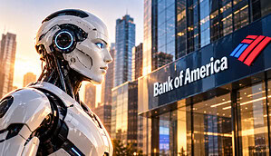 Ein futuristischer Roboter vor der Bank of America