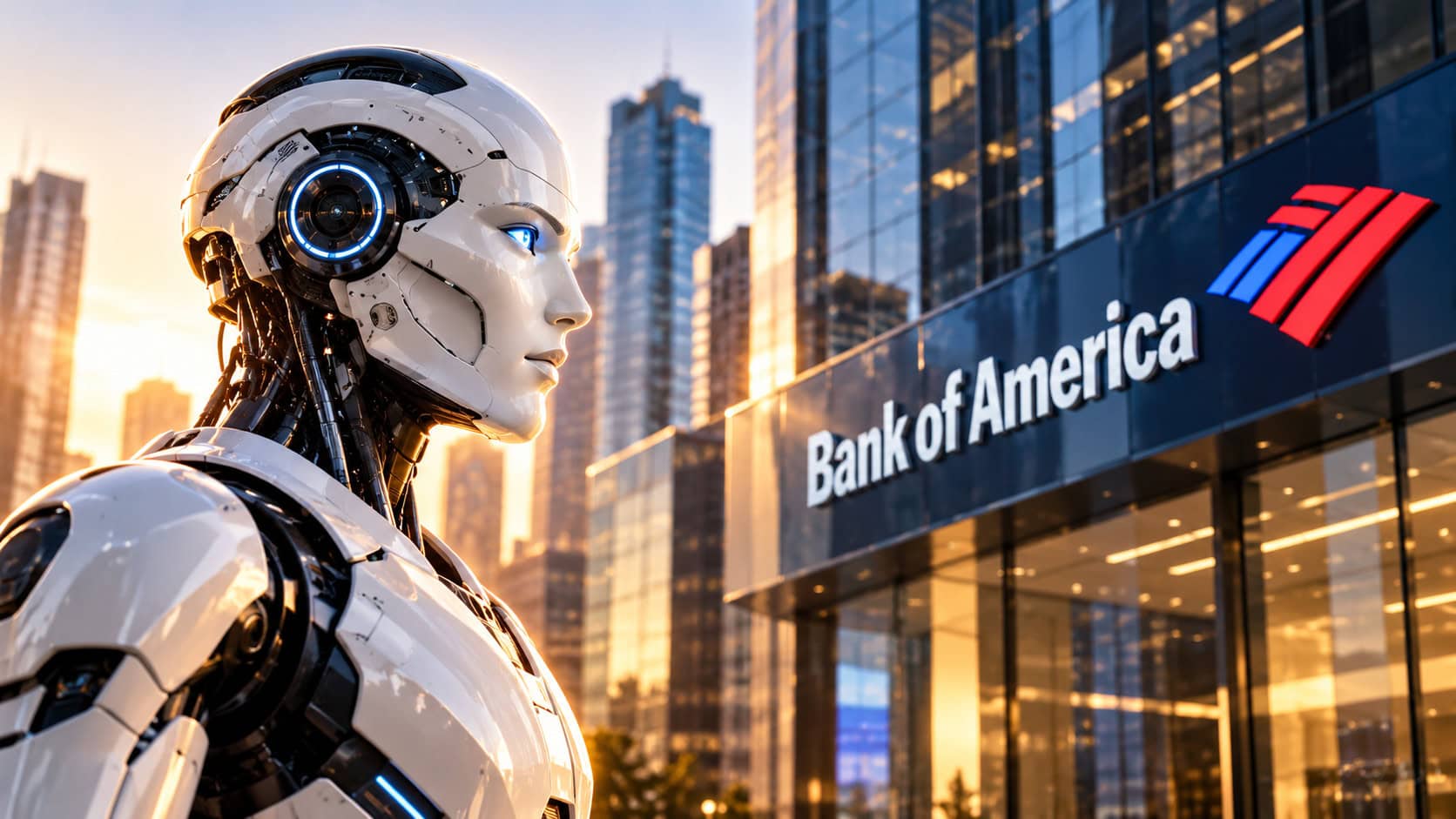 Ein futuristischer Roboter vor der Bank of America