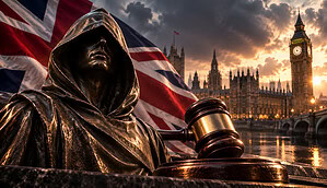 Ein mysteriöser Mann vor der britische Flagge und dem House of Parlaments in London