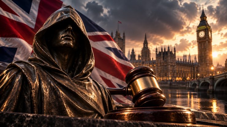 Ein mysteriöser Mann vor der britische Flagge und dem House of Parlaments in London