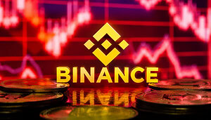 Das Binance Logo vor einem roten Chartverlauf