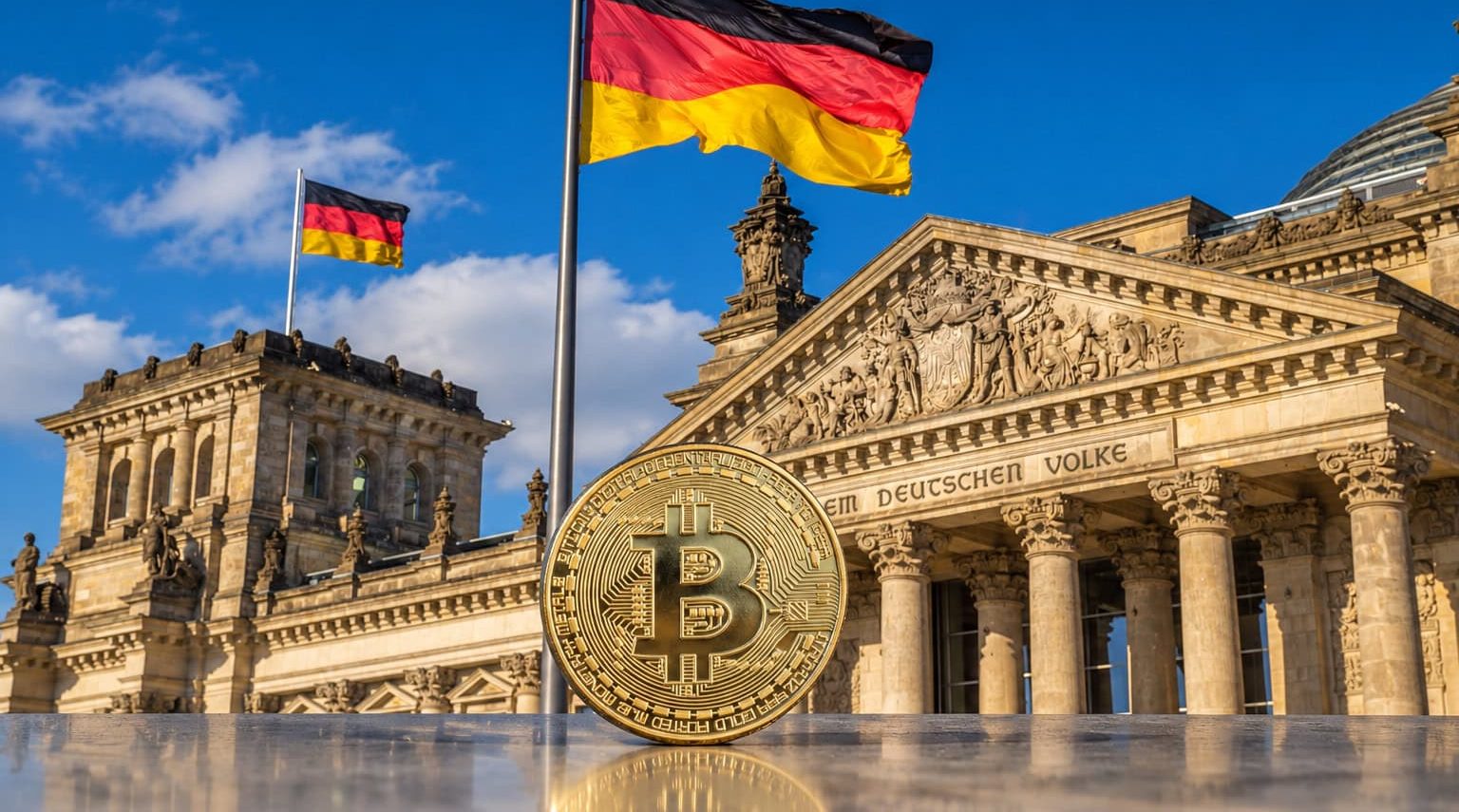 Das Bild zeigt eine Bitcoin-Münze vor dem Reichstag.