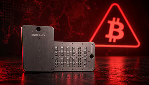 Eine Keystone Hardware Wallet vor rotem Hintergrund mit einem leuchtenden Bitcoin-Warnsymbol.