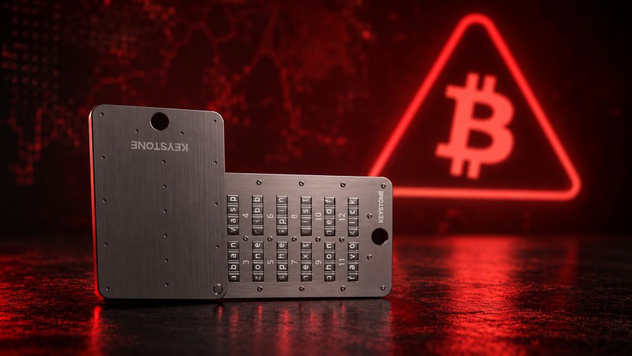 Eine Keystone Hardware Wallet vor rotem Hintergrund mit einem leuchtenden Bitcoin-Warnsymbol.