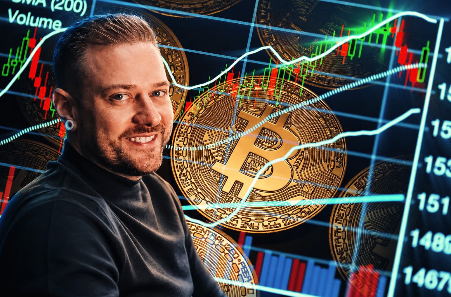 Trading-Experte vor Bitcoin-Münzen und einem Chart mit Kursverläufen und Candlesticks.