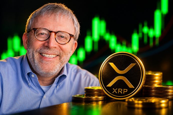 Lächelnder Mann mit XRP-Münze und Börsenchart