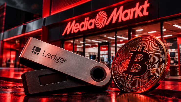 Ledger und Bitcoin Coin auf MediaMark Hintergrund