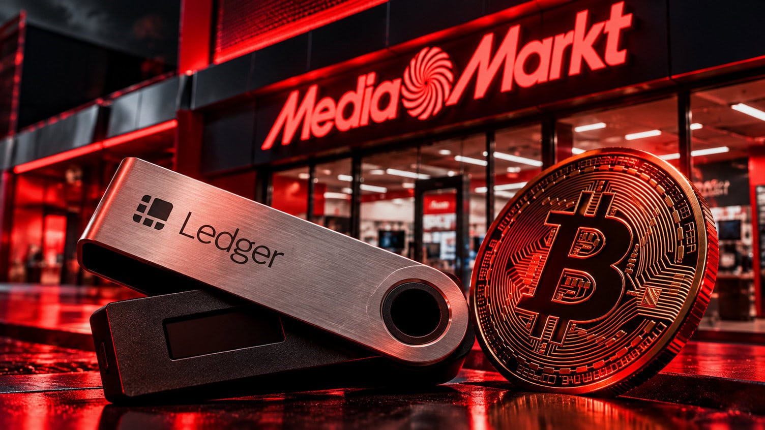 Ledger und Bitcoin Coin auf MediaMark Hintergrund