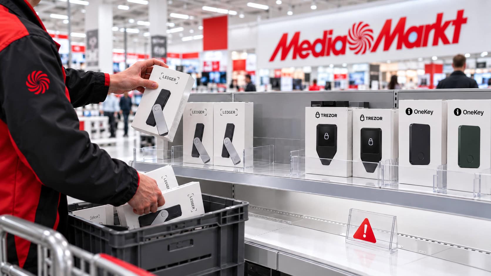 Ein MediaMarkt Mitarbeiter räumt Ledger in einer Regal ein
