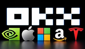 Das OKX Börsen Logo mit den Aktien Nvidia, Apple, Microsoft, Amazon und Tesla