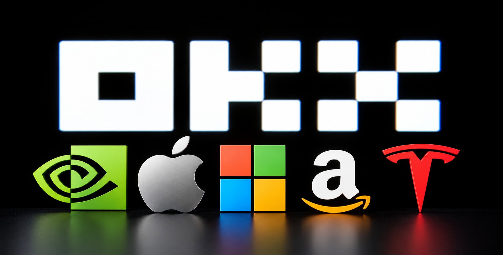 Das OKX Börsen Logo mit den Aktien Nvidia, Apple, Microsoft, Amazon und Tesla