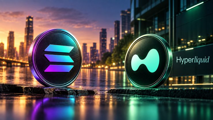 Ein Solana- und ein Hyperliquid-Coin am Wasser