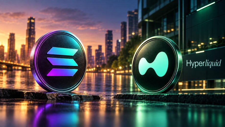 Ein Solana- und ein Hyperliquid-Coin am Wasser