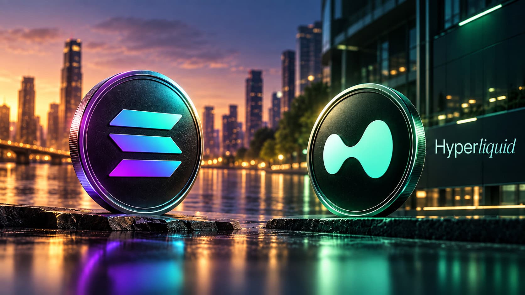 Ein Solana- und ein Hyperliquid-Coin am Wasser