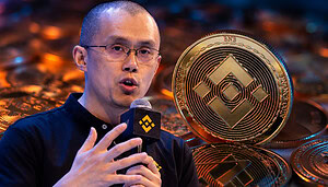 Binance-Gründer Changpeng Zhao (CZ) mit Mikrofon neben einer großen goldenen BNB-Münze.