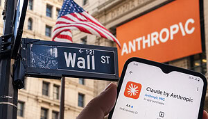 Wall-Street-Straßenschild mit US-Flagge, Anthropic-Logo im Hintergrund und einem Smartphone mit der KI-App Claude. Ist dieses Gespräch bisher hilfreich?