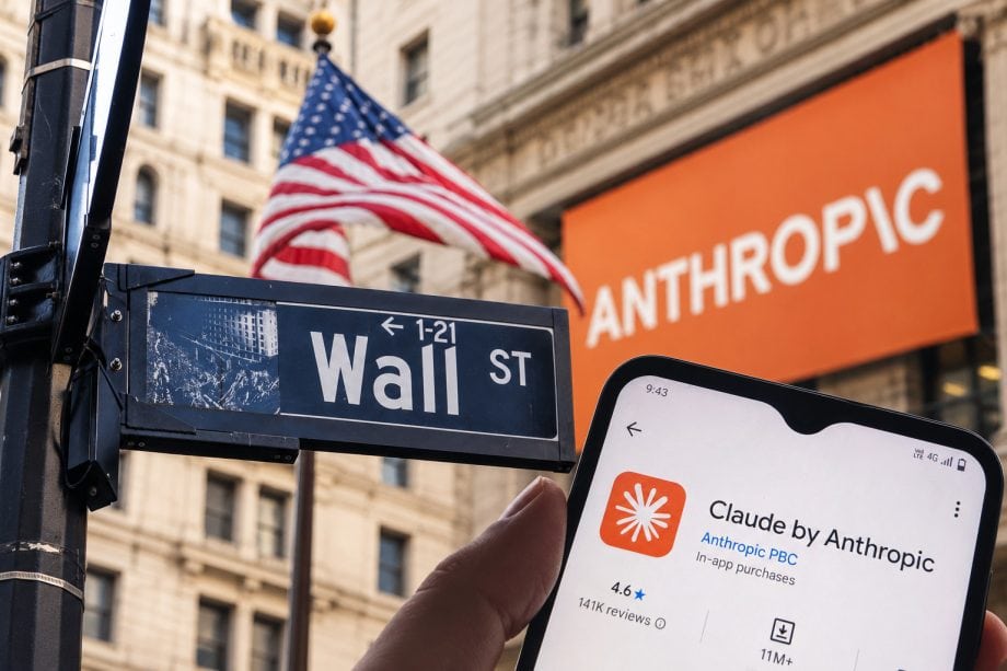 Wall-Street-Straßenschild mit US-Flagge, Anthropic-Logo im Hintergrund und einem Smartphone mit der KI-App Claude. Ist dieses Gespräch bisher hilfreich?