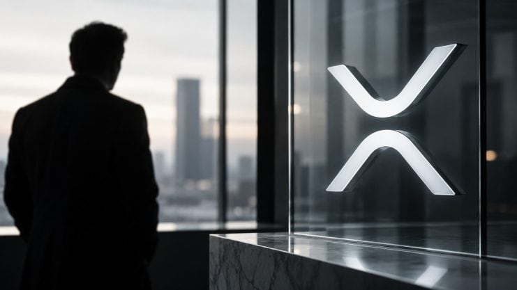 Ein mysteriöser Mann vor einem XRP-Logo