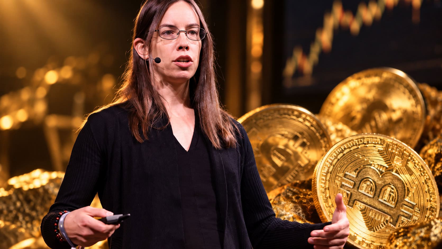 Lyn Alden bei einem Vortrag vor goldenen Bitcoin-Symbolen.