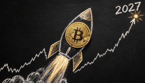 Bitcoin-Münze auf einer Rakete