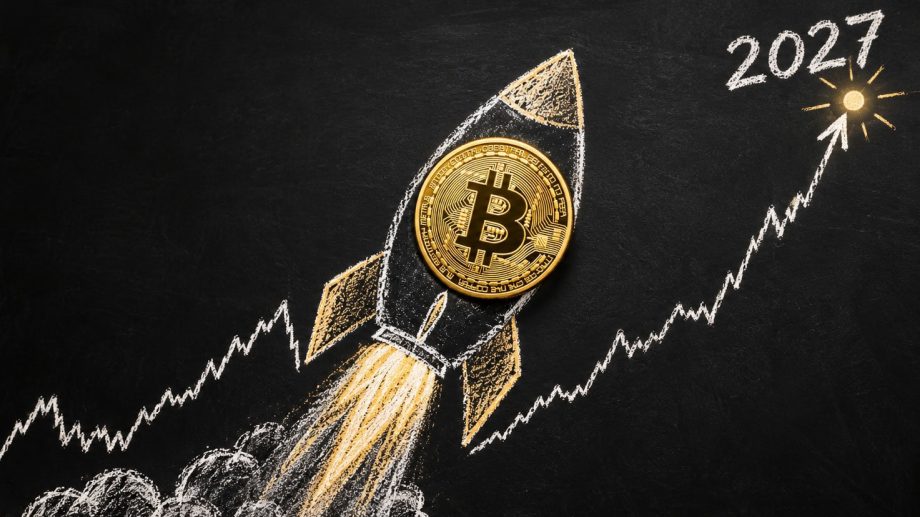 Bitcoin-Münze auf einer Rakete