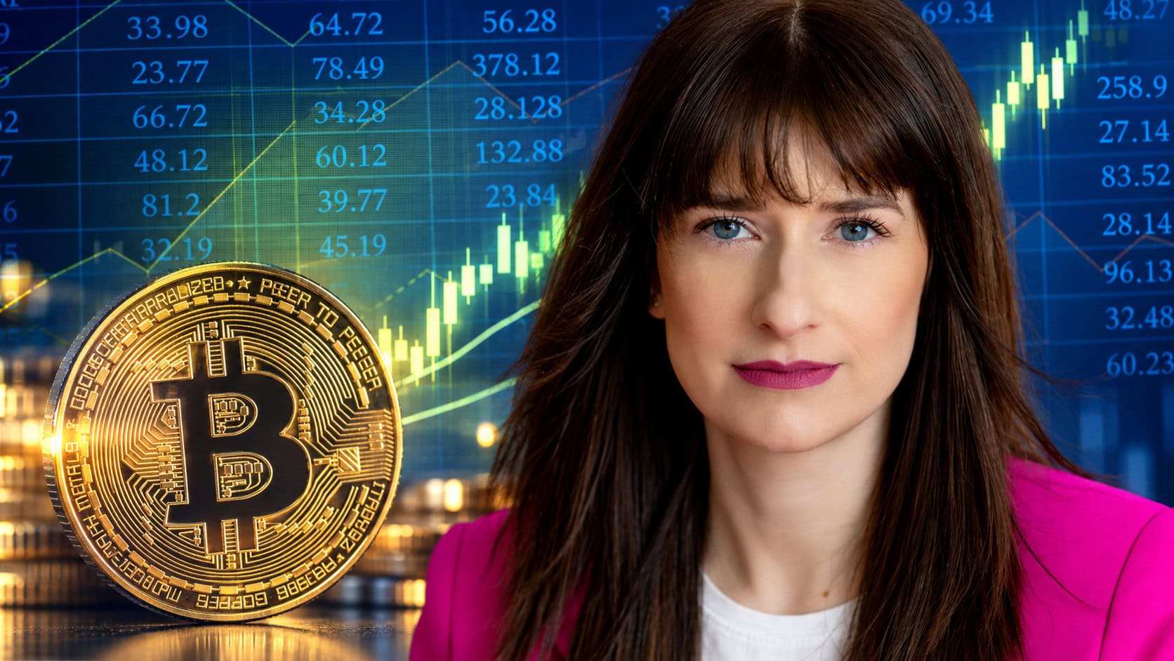 Nicole Nowak und eine Bitcoin-Münze