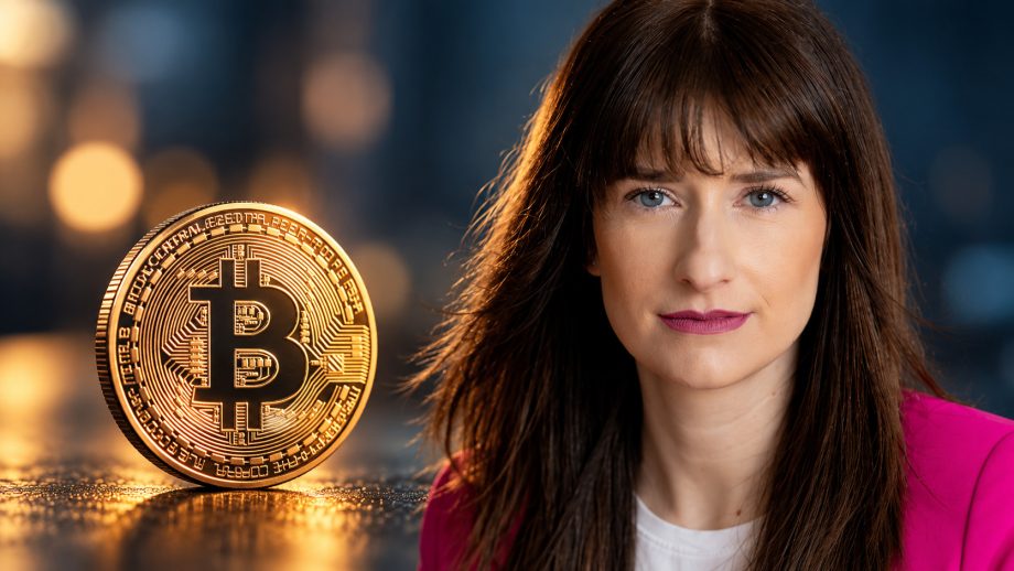 Nicole Nowak und eine Bitcoin-Münze