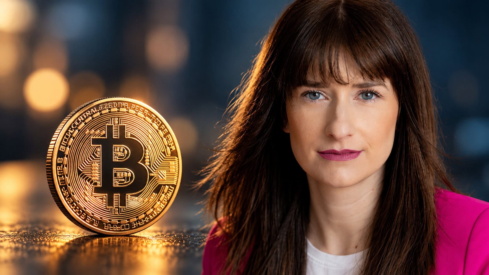 Nicole Nowak und eine Bitcoin-Münze