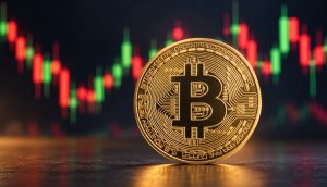 Bitcoin-Münze vor Charthintergrund