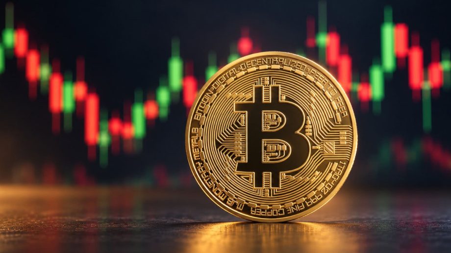 Bitcoin-Münze vor Charthintergrund