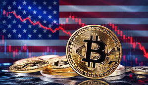 Bitcoin-Münze vor US-Fahne